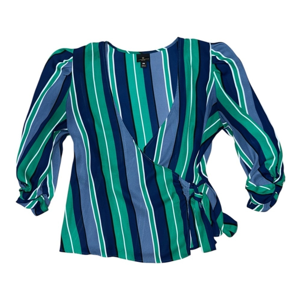 Worthington Blue Wrap Tie Front Puff Sleeve Top